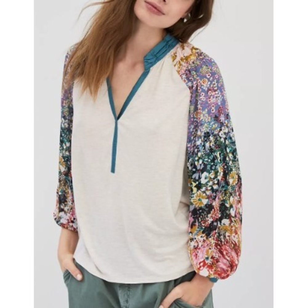 Tiny Eleanor Blouse from Anthropologie Floral Balloon Sleeve Mixed Media Top Sm